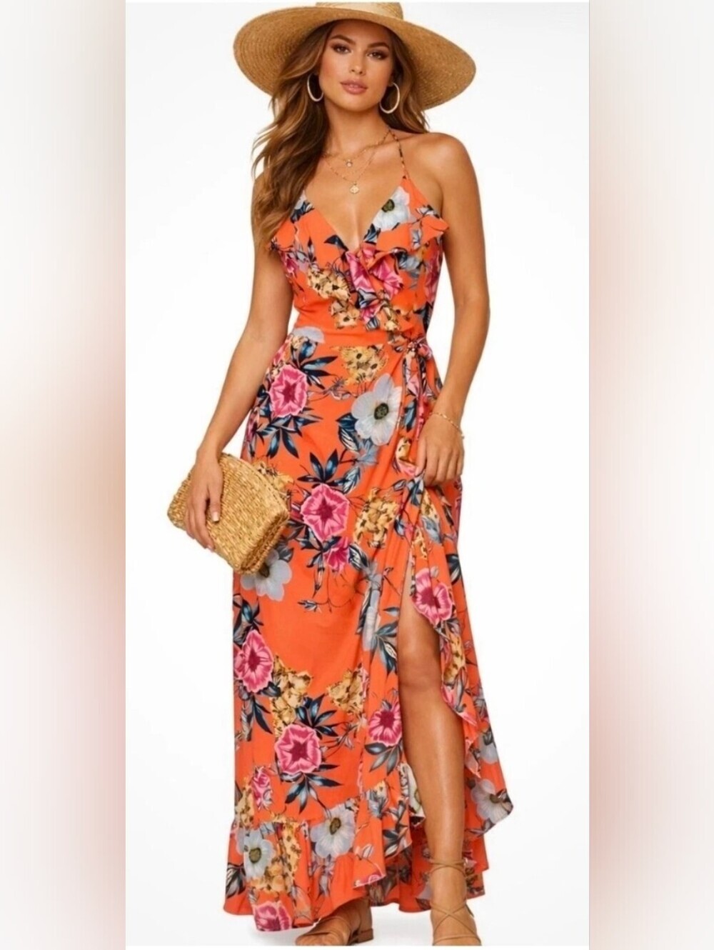 Coral Tropical Floral Halter Maxi Dress Wrap Ruffle S Vacay Resortwear Cruise